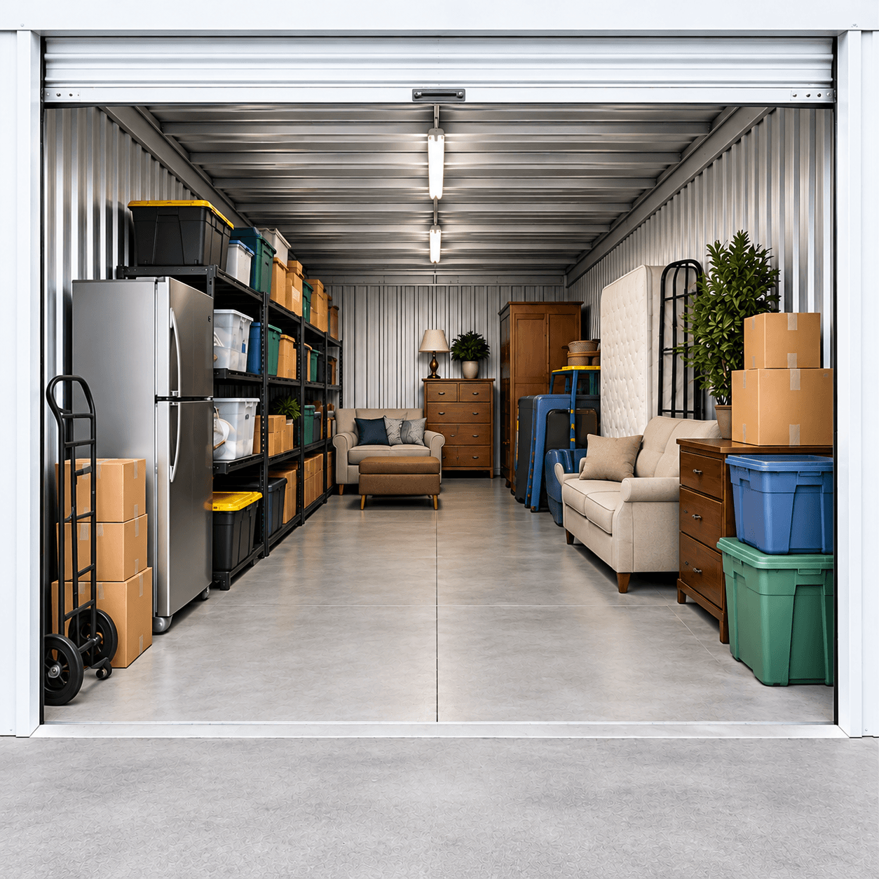 Open storage unit with shelving, boxes and furniture neatly organized