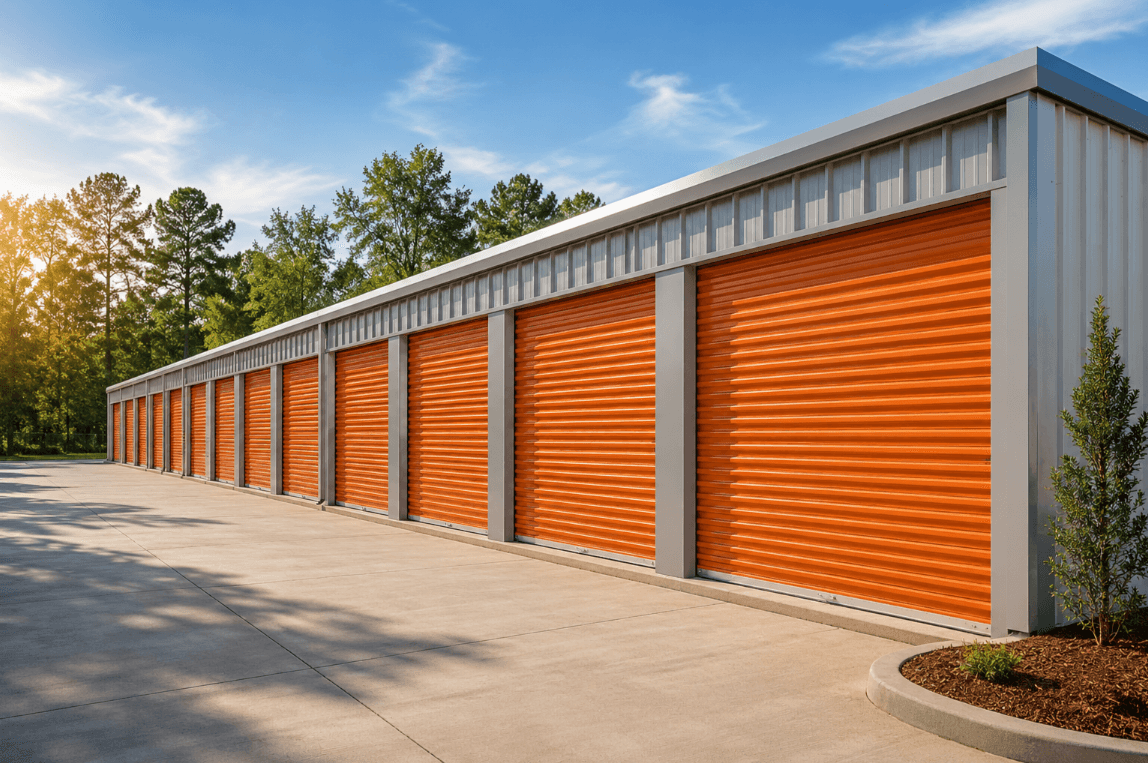Row of drive-up storage units with orange roll-up doors